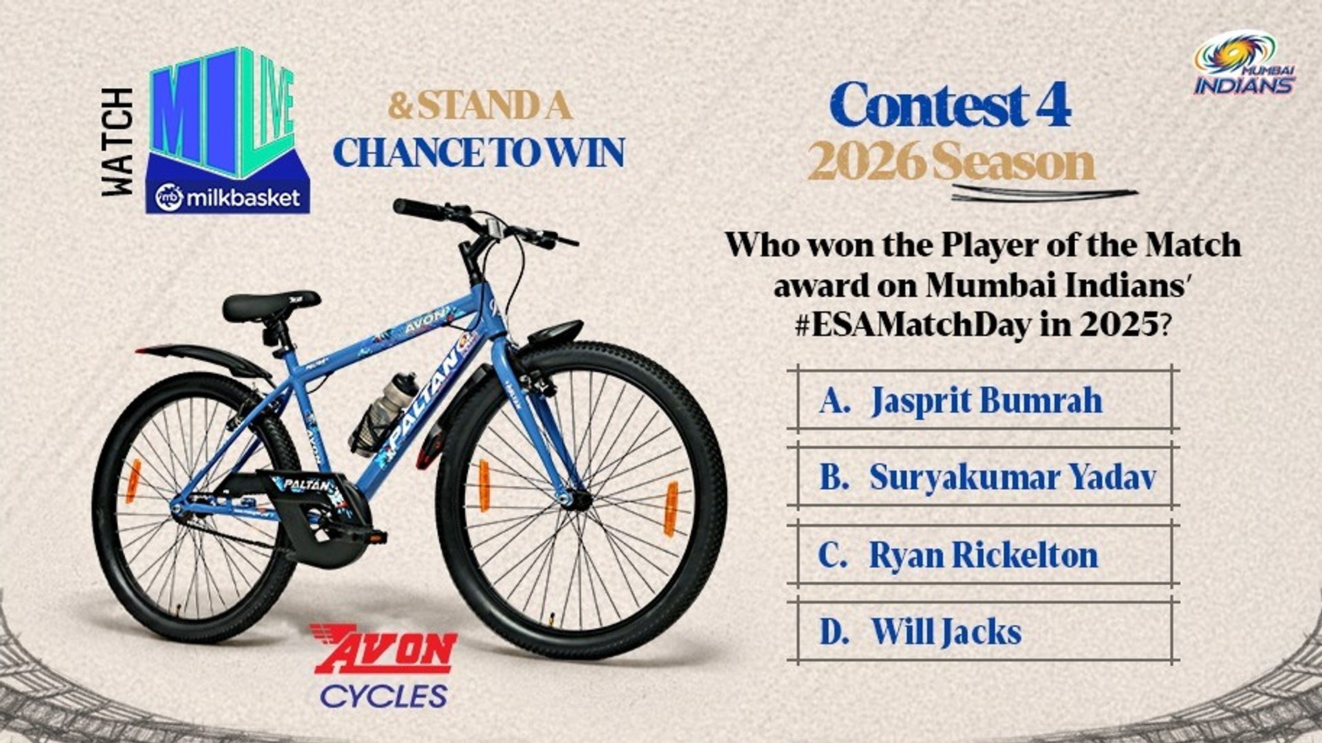 Contest 4 | 2026 season: Watch MI LIVE & Win AVON Cycles